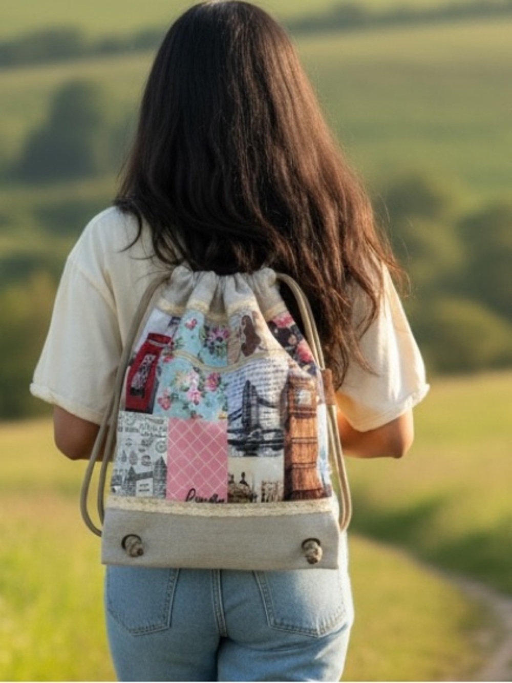 Patchwork Canvas Drawstring Backpack - Beige Multicolor Hippie Zipper Boho Y2K